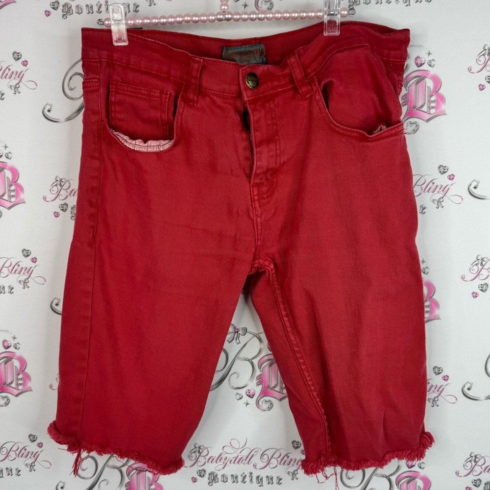 Statik jeans shorts distressed hem denim Stylish Red Jeans
